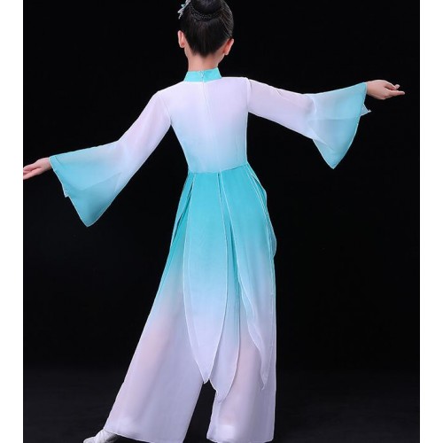 Kids traditional Chinese Classical folk dance costumes Children blue gradient color Chinese style Umbrella dance fan dance yangko performance costumes